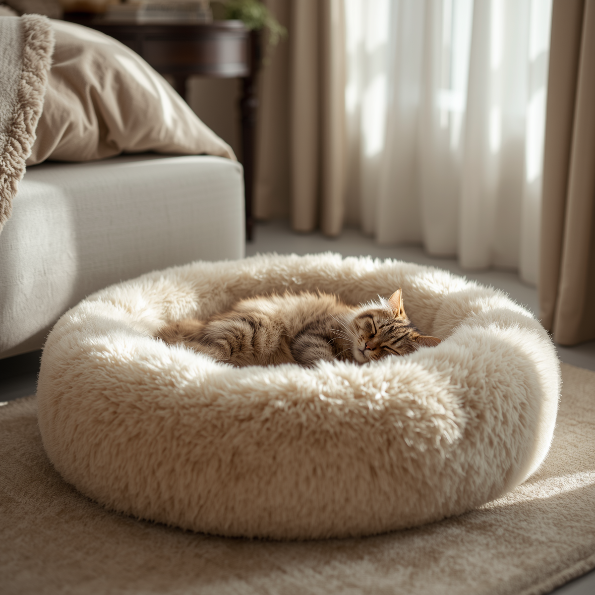 Luxury cream orthopedic calming dog bed in a cozy pet bedroom PawlyLuxe