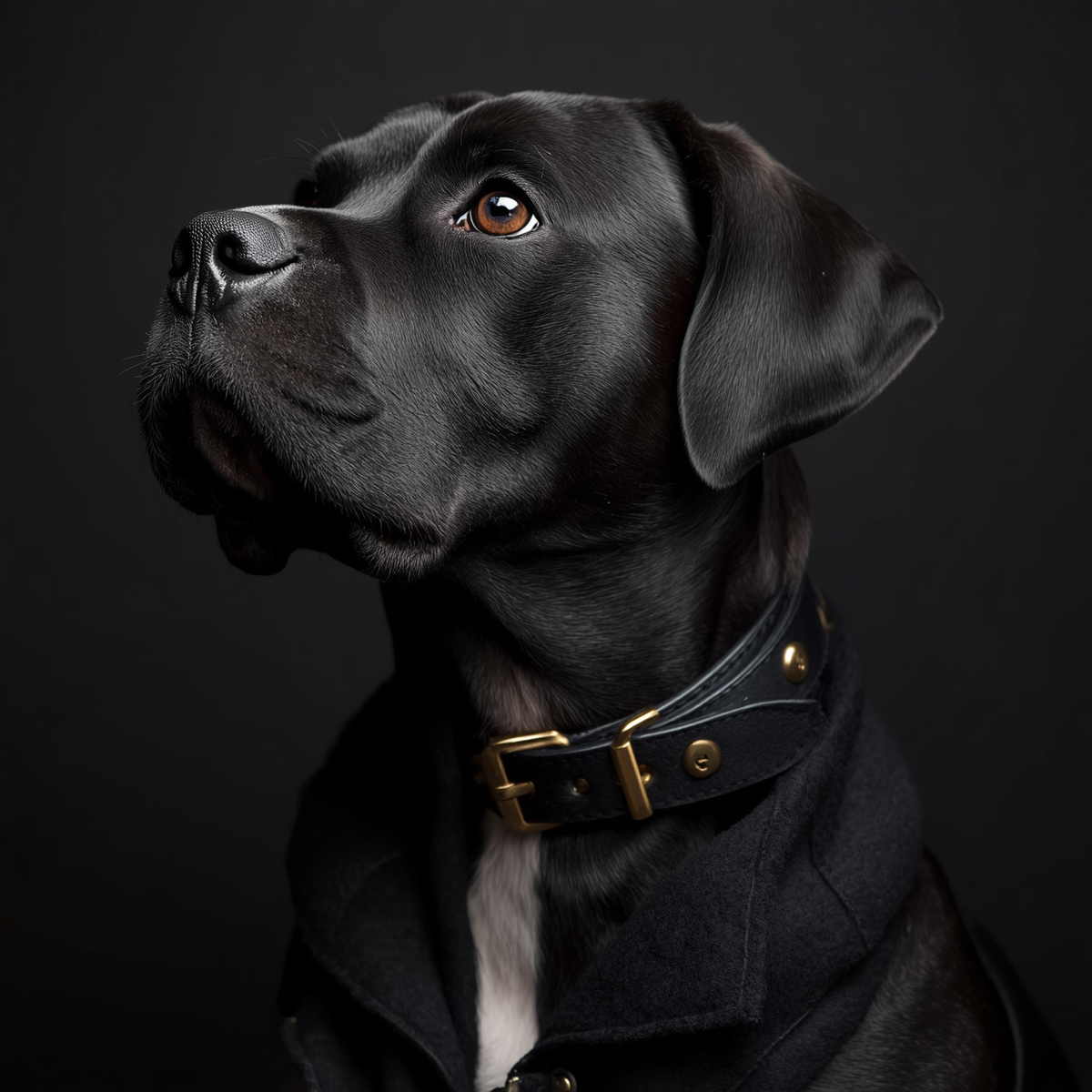 Majestic dog wearing luxury black leather collar and premium pet apparel jacket PawlyLuxe