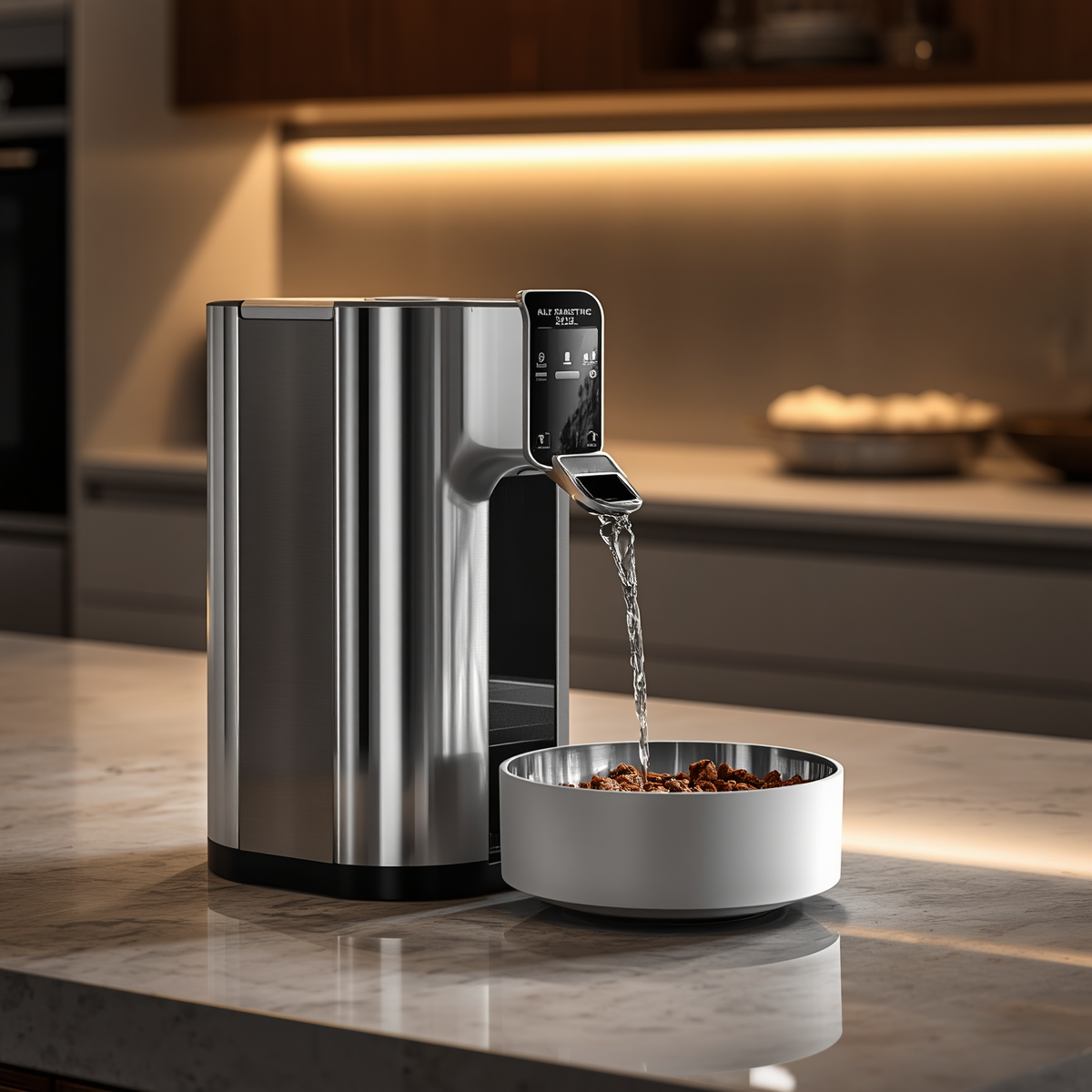 Automatic stainless steel dog water fountain and luxury ceramic dining tech PawlyLuxe