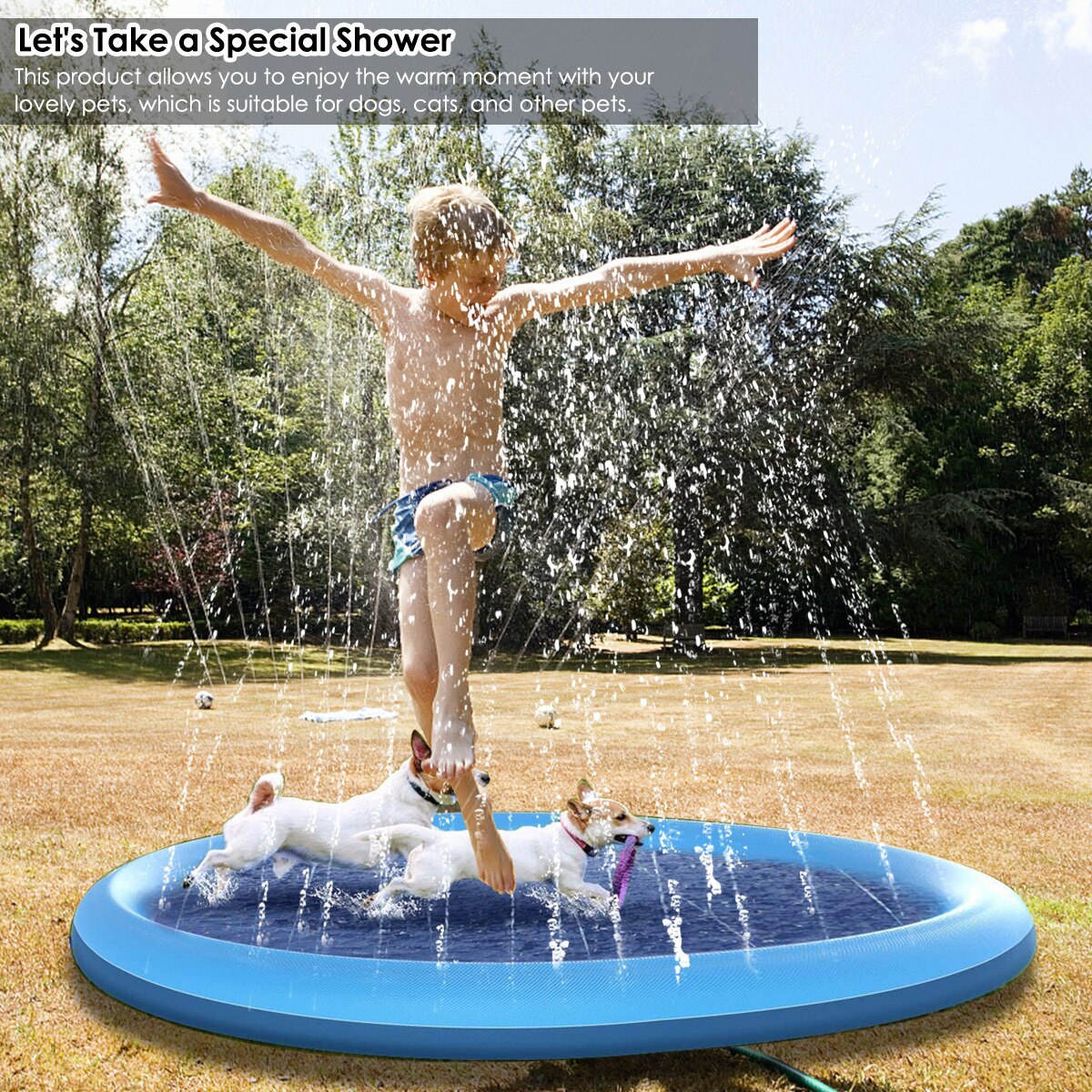 Non-Slip Dog Splash Sprinkler Pad - 150cm Outdoor Water Play Mat